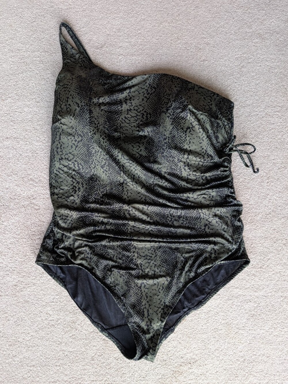 Cacique One Piece Snake Print Swimsuit Ruched Slimming One Shoulder Python Skin